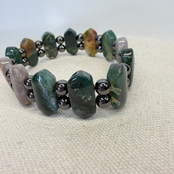 Moss Agate Stone Bracelet with Hematite‎ Beads Gemstone Jewelry - Picture 4 of 7